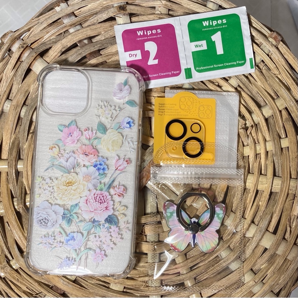 Roseparrot iPhone 14 Pastel Peony Phone Case and Butterfly‎ Ring Holder